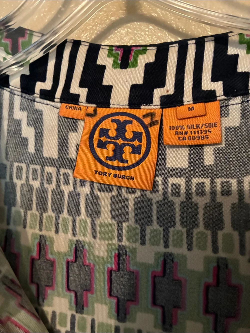 Tory Burch Navy & Green Printed V-Neck Tunic Top size m beaded
